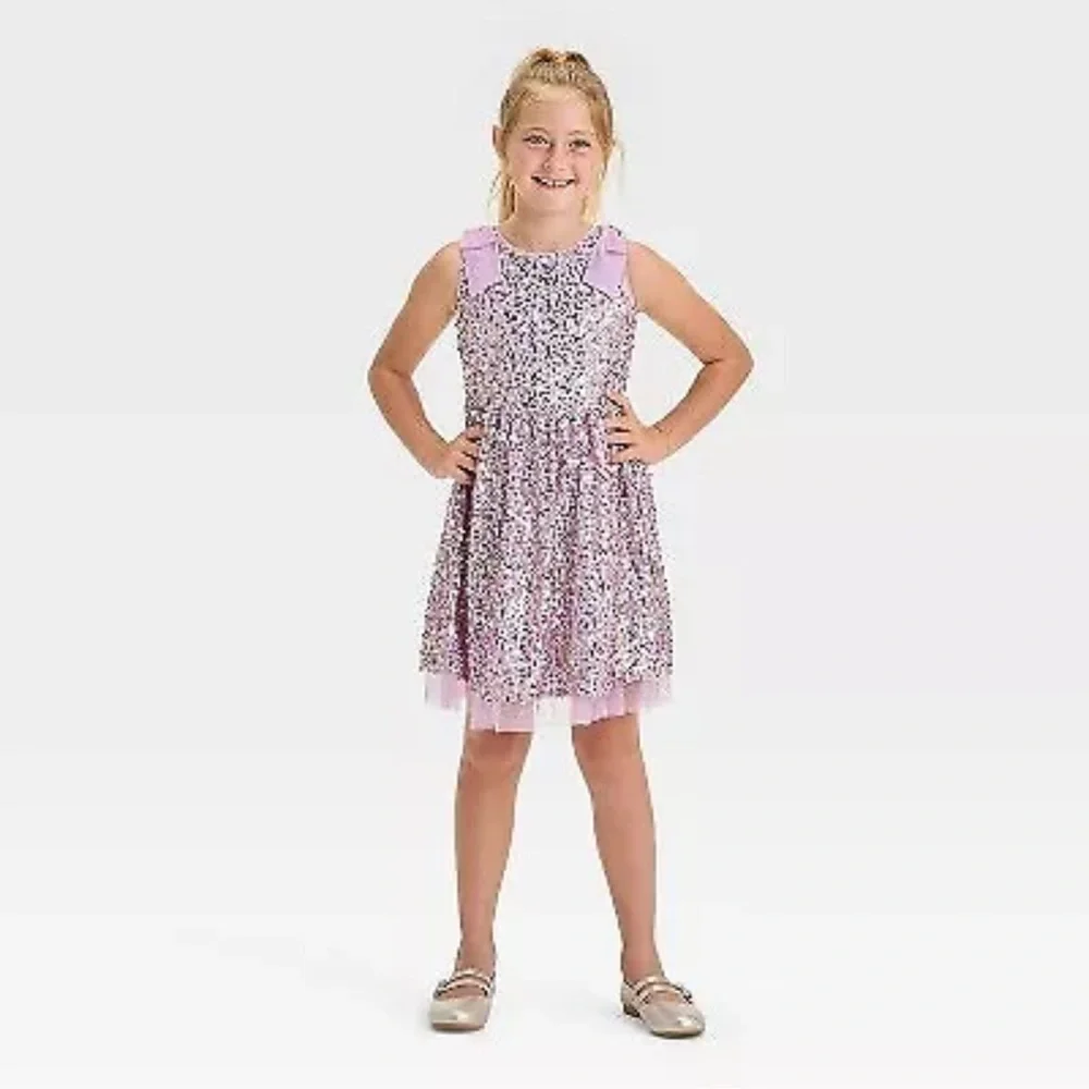 Cat & Jack Girls' Sleeveless Sequin Tulle Dress - Lavender, M (8)
